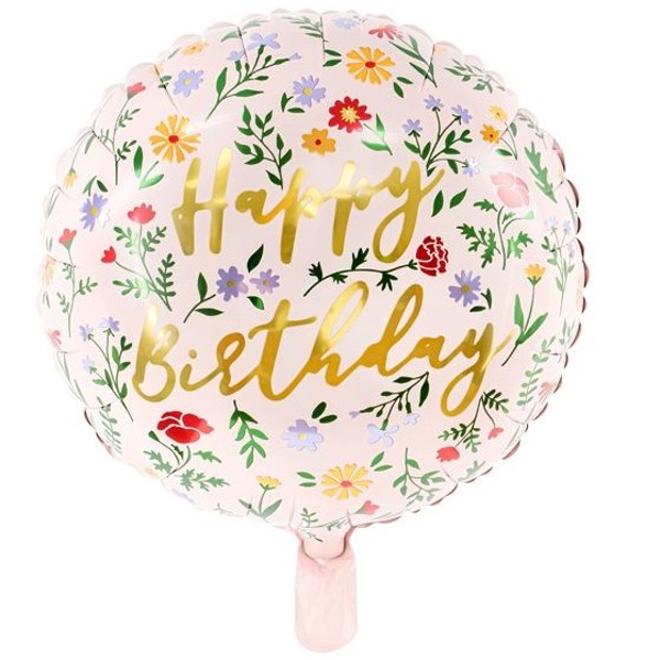 Balónek fóliový Happy Birthday Luční kvítí světle růžový 35 cm