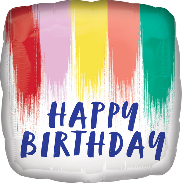 Balónek fóliový čtvercový Happy Birthday Barevné pruhy 43 cm