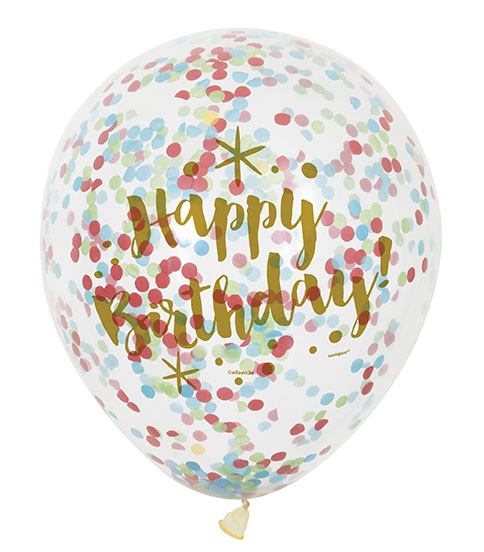 Balónky s konfetami Happy Birthday zlaté 30cm 6ks