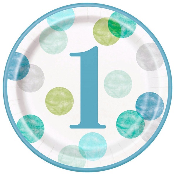 1. narozeniny - Talíře papírové s modrými puntíky 8 ks
