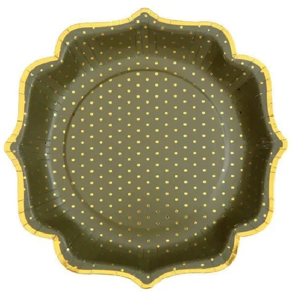 Talíře papírové olivové se zlatým okrajem a puntíky 21 cm 10 ks